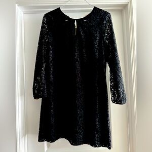 Juicy Couture Dress Black Lace Mini Dress Size Large Faux Leather Trim gold zip